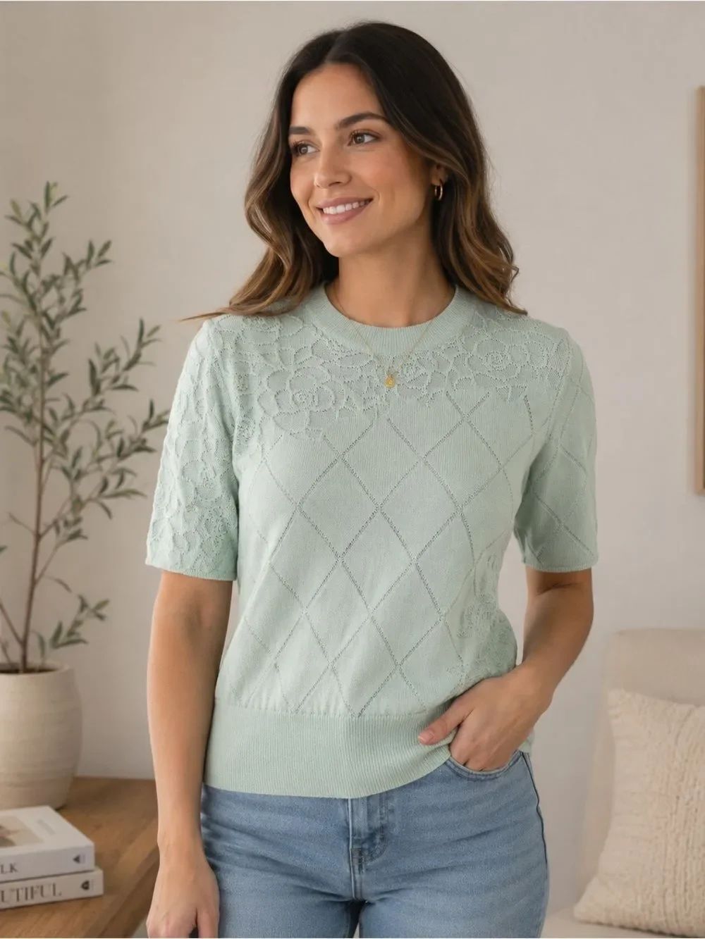 St. John Collection Mint Green Lace Yoke Short Sleeve Knit Top
